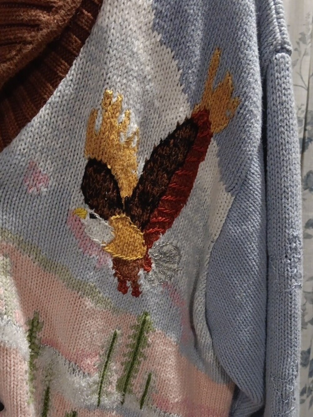 Storybook Knits Light Blue, Brown, Pink Embroidered Bird Shawl-Front Cardigan - Picture 2 of 9